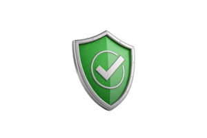 A vibrant green shield with a bold silver metallic edge and a white checkmark, representing robust security png