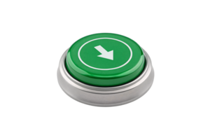 A green circular button with a white downward arrow, bordered by a metallic edge, representing downloading, confirmation, or actionable interaction png
