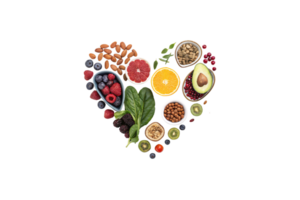 A heart-shaped collage of fresh foods, including berries, citrus, and seeds. A visual harmony of health and sustainability png