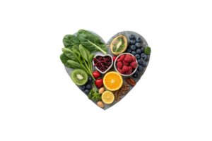A heart-shaped serving plate featuring greens, berries, and fruits. A vibrant and appetizing visual for nutritious meal inspiration png