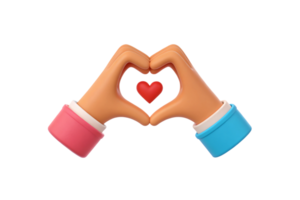 Two colorful hands form a heart gesture around a bright red heart, showcasing unity, teamwork, and emotional warmth with a modern aesthetic png