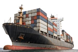 Close-up of a weathered cargo ship's bow, loaded with rusted, multicolored shipping containers, highlighting industrial strength and endurance png