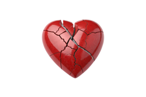 A glossy red heart with sharp, distinct cracks creating a fragmented appearance, highlighting themes of heartbreak and vulnerability png