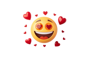 A heart-eye emoji radiating happiness, with bold eyebrows and a wide smile, surrounded by vibrant hearts of varying sizes floating around png
