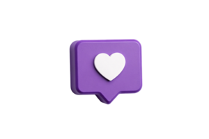 A purple 3D chat bubble with rounded edges and a white heart symbol centered on it, symbolizing love or a like interaction png