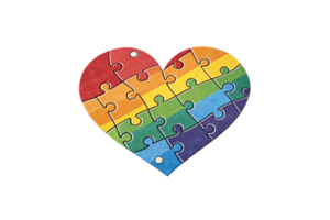 A heart of puzzle pieces forming a gradient rainbow pattern, representing pride, love, and intricate design png
