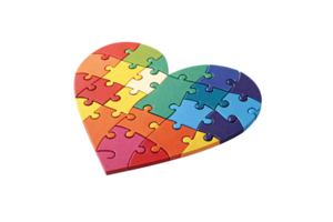 A heart shape made of brightly colored interlocking puzzle pieces symbolizing unity, diversity, and connection png