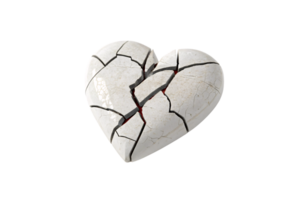 A white cracked heart with deep fissures exposing a faint red core, symbolizing fragility and hidden emotions beneath the surface png