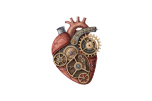 A steampunk-style heart featuring golden gears and intricate mechanical details symbolizing life complexity and interconnected systems png