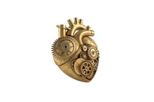 A shiny gold heart crafted from intricate gears and cogs. A fusion of art and engineering, symbolizing emotion intertwined with mechanics and precision png