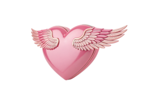 A three-dimensional pink heart with detailed wings, viewed at an angle, emphasizing curves, highlights, and a romantic aesthetic png