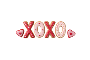 XOXO designed as colorful cookies with red and pink icing. Each letter is decorated with heart patterns and sprinkles, evoking a playful vibe png