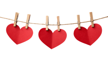 Three evenly spaced red paper hearts hang on a twine line, secured with wooden clothespins. Their symmetry adds charm to this simple design png