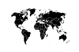 A minimalistic black world map displays clear country borders, offering a stark and modern representation of Earth's geography png