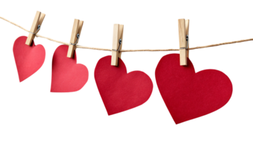 Four red paper hearts dangle from a string using wooden clothespins. The background is clear, emphasizing a minimalist and romantic aesthetic png