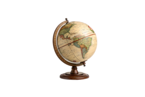 A classic globe features a detailed map of continents with vibrant colors, encased in a brass ring on a polished wooden stand png