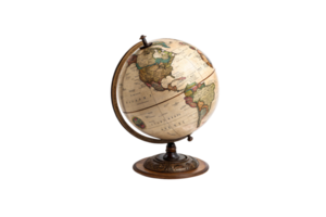 A vintage-style globe with aged maps and intricate details rests on a polished wooden base, evoking exploration and historical charm png
