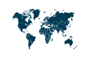 A deep blue world map with outlined countries emphasizes geographical boundaries, blending modern design with a global perspective png