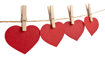 Four red paper hearts clipped onto a rustic twine string with wooden clothespins. A charming and simple representation of love and warmth png