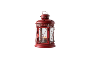 A red decorative lantern with intricate patterns and glass panels houses a small lit candle, exuding warmth and a rustic charm png