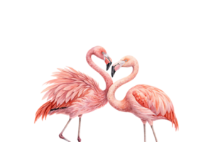 Two flamingos with vibrant pink feathers stand gracefully, their necks forming a subtle heart shape. Romantic and serene representation of nature png