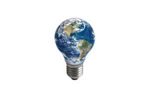 A perspective of the Earth-light bulb, showcasing vibrant continents and clouds, emphasizing the fusion of technology, ecology, and global awareness for a sustainable future png