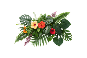 Bright hibiscus flowers in shades of yellow and red surrounded by lush green ferns and monstera leaves, embodying exotic charm png