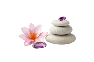 A serene composition of three stacked smooth white stones, a pink lotus flower, and two sparkling amethyst gems, symbolizing peace and harmony png