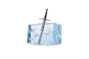 A silver medieval sword is embedded upright in a translucent block of ice, surrounded by frosty textures and fine icy details png