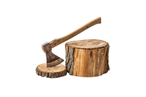 A rustic axe embedded in a chopped wood stump. The scene exudes simplicity, symbolizing traditional woodworking, logging, or outdoor tasks in a natural setting png