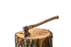 A weathered axe embedded in a tree stump, showcasing its sturdy handle and sharp blade. The detailed texture of bark and wood adds realism png