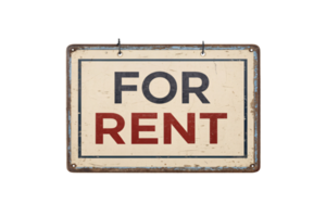 Vintage For Rent Sign An antique-style rectangular sign with a beige and red color scheme, featuring bold serif letters, bordered by a distressed metal frame png