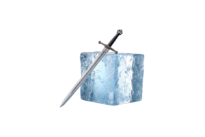 A medieval sword leans diagonally against a frosty, light-blue ice block, showcasing sharp edges and detailed engravings on the blade and hilt png