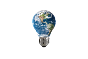 A light bulb uniquely designed with Earth's image, symbolizing global innovation, sustainable energy, and creative ideas illuminating the interconnectedness of the world png