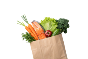 A bag packed with carrots, salmon fillet, cucumber, broccoli, lettuce, and a tomato. A vibrant assortment of fresh seafood and vegetables png