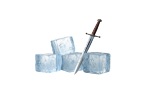 A medieval sword with a leather-wrapped hilt leans diagonally against large, icy blue blocks of frozen ice, creating a dynamic and cold aesthetic png