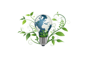 A light bulb encasing Earth, filled with lush greenery and encircled by swirling vines. A metaphor for global environmental consciousness and sustainable development png