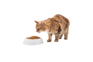 A fluffy ginger tabby cat leans down to sniff a white bowl of kibble, seemingly interested in its meal, ready to eat png