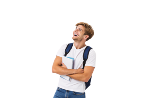 A cheerful young man with a backpack, dressed casually, holds notebooks while looking upward, his posture conveying confidence and readiness for learning png