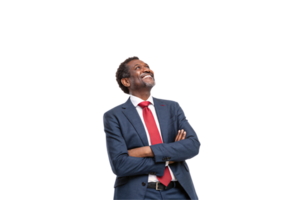 A distinguished man in a navy suit and red tie stands confidently, arms crossed, looking upward with a warm, contemplative smile png