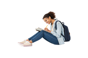 A focused student, seated cross-legged in a denim jacket and jeans, writes in her notebook with a sense of concentration and academic enthusiasm png
