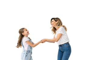 A lively scene of a mother and daughter joyfully holding hands, their shared laughter and connection expressing a vibrant and loving relationship png