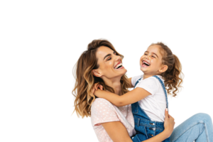 A joyful mother embraces her giggling toddler, both laughing heartily. The child wears denim overalls, and the scene radiates warmth and playful connection png