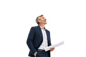 A smiling businessman, holding blueprints, dressed in a smart navy blazer, exudes professionalism and confidence while looking upward, possibly visualizing future achievements png