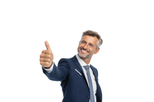 A suited man flashes a thumbs up with a charismatic grin, symbolizing confidence, approval, and a winning attitude in a formal setting png