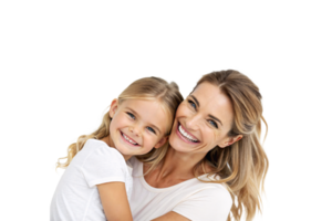 A mother and daughter smile while holding each other close. Their matching white outfits emphasize the pure, loving, and harmonious bond they share png