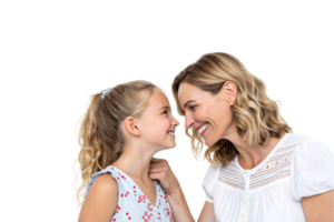A tender and loving interaction as a mother and daughter touch noses, smiling brightly, their bond captured in a moment of mutual affection png
