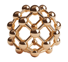 Symmetrical gold molecular framework transparent image. Interconnected spherical nodes isolated cutout 3d render. Chemistry, nanotechnology cut out clipart design element png