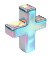 Glossy iridescent plus symbol reflecting metallic hues transparent image. Shiny cross. First aid emergency sign isolated cutout 3d render. Medical logo cut out clipart design element png