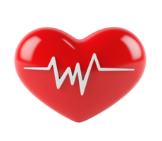 Glossy red heart with ECG heartbeat line transparent image. Cardiovascular health isolated cutout 3d render. Cardiology ekg medical symbol pulse cut out clipart design element png